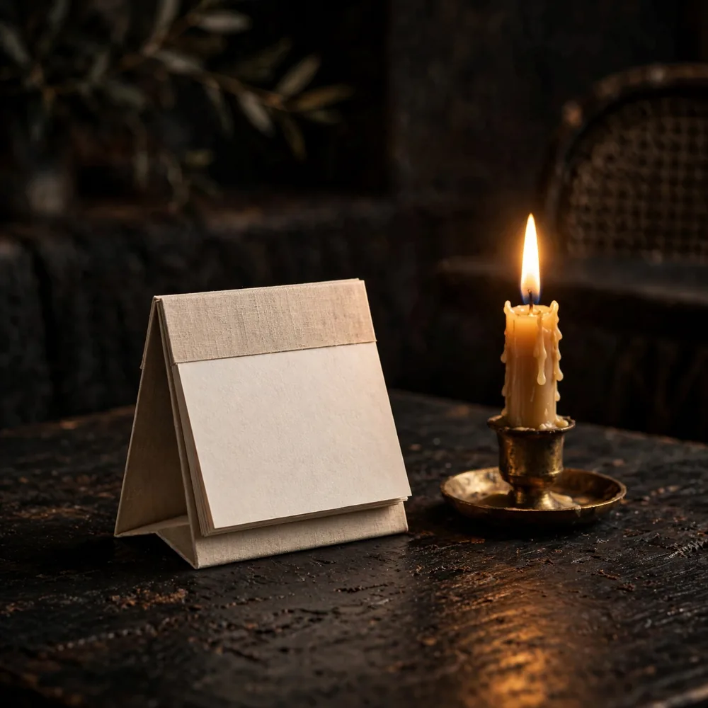 A desk calendar and a candle