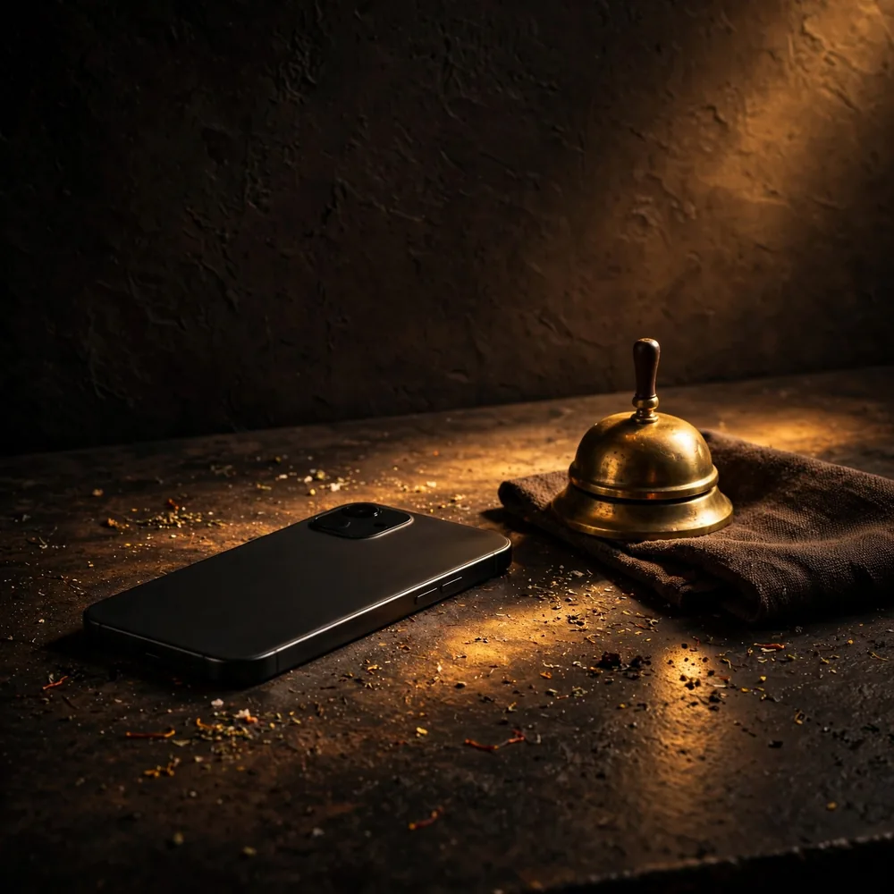 A phone and a bell on a counter