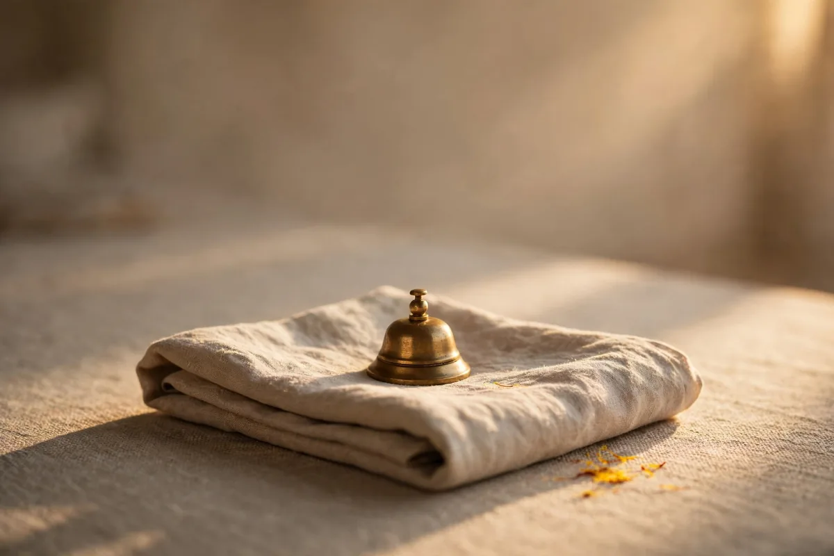 A folded napkin with a small brass bell