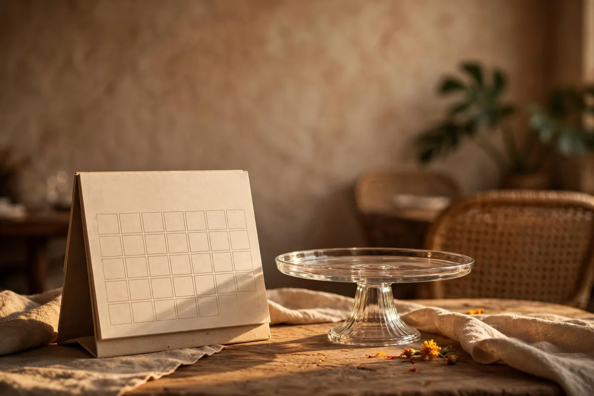 A desk calendar beside a cake stand